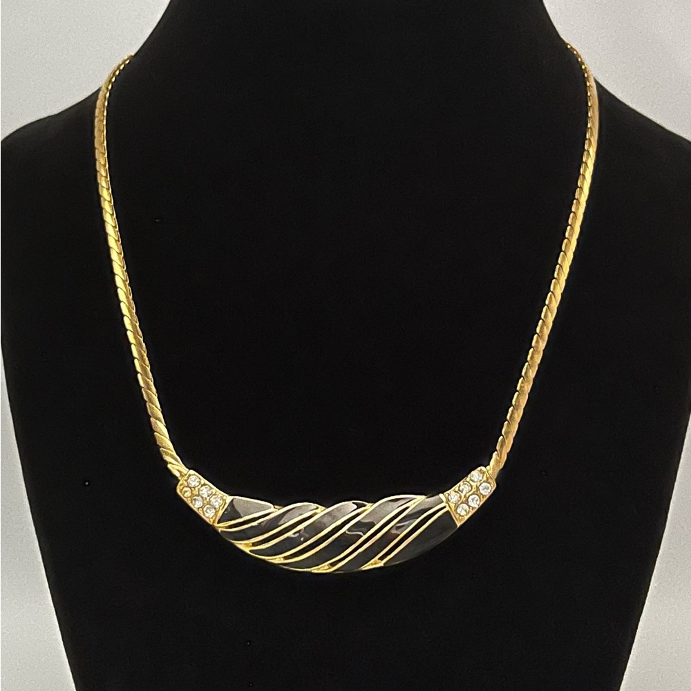Trifari Vintage Gold Tone Black Enamel With Clear Rhinestones Necklace, Signed